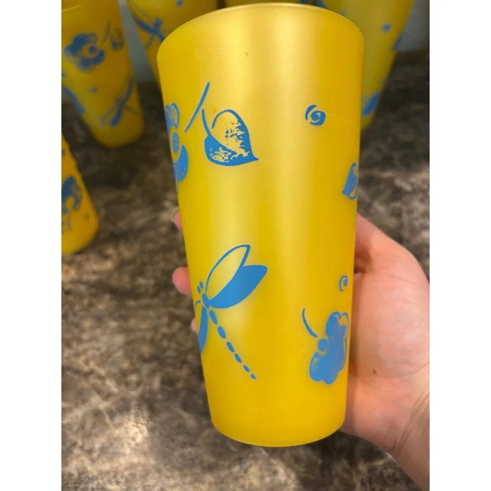 Thermo-serv USA vintage yellow blue dragonfly floral cup tumbler lot 20 oz mcm